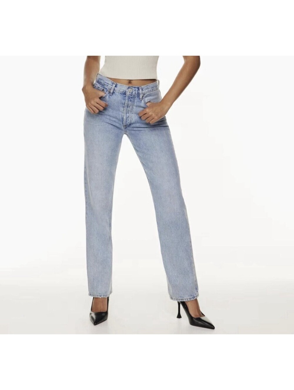 NWT AGOLDE Lana Mid Rise Vintage Straight Jeans Fiction Size 34 Light Blue Denim